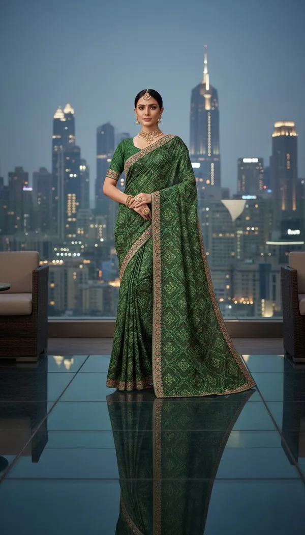 Forest_Green_Silk_Blend_Bandhani_Saree_With_Jacquard