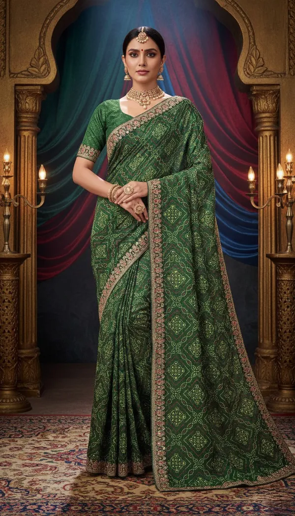 Forest_Green_Silk_Blend_Bandhani_Saree_With_Jacquard
