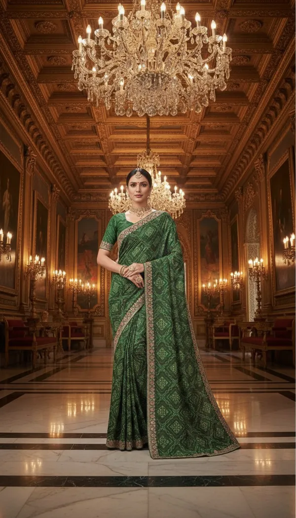 Forest_Green_Silk_Blend_Bandhani_Saree_With_Jacquard