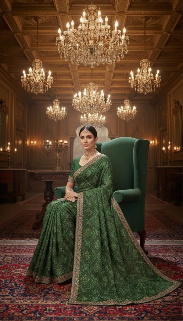 Forest_Green_Silk_Blend_Bandhani_Saree_With_Jacquard
