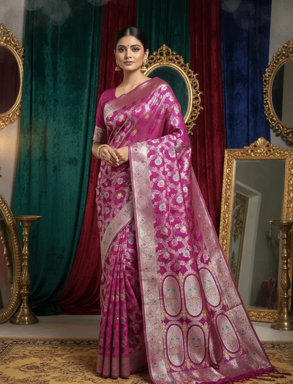 Vibrant_Magenta_Banarasi_Silk_Saree_With_Silver_And_Gold_Zari