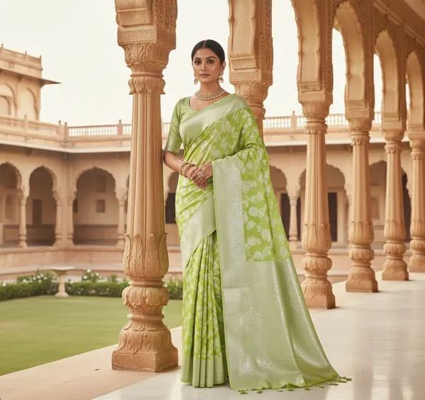Elegant_Parrot_Green_Lichi_Silk_Saree_With_Rich_Silver_Zari_Woven_Motifs_And_Border
