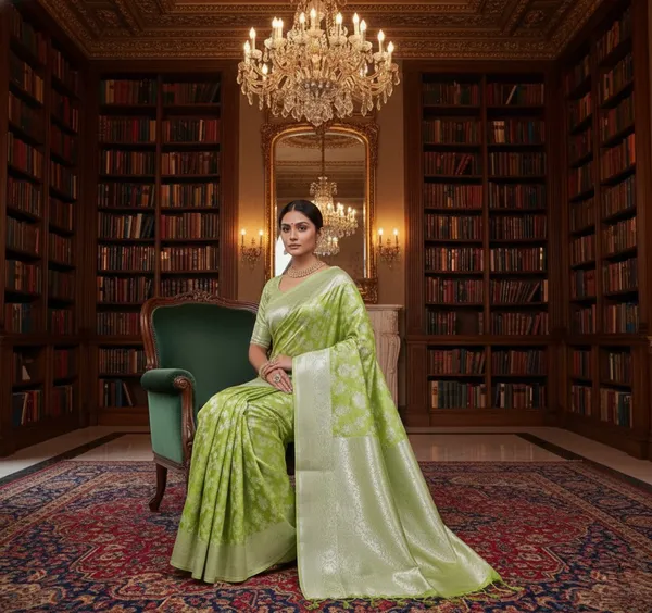 Elegant_Parrot_Green_Lichi_Silk_Saree_With_Rich_Silver_Zari_Woven_Motifs_And_Border