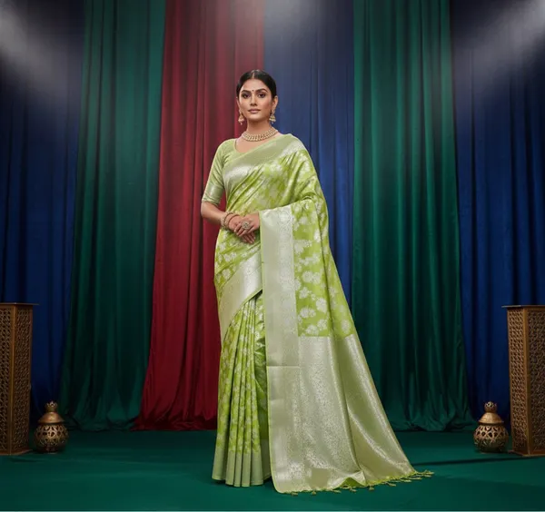 Elegant_Parrot_Green_Lichi_Silk_Saree_With_Rich_Silver_Zari_Woven_Motifs_And_Border