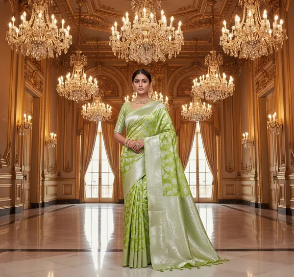 Elegant_Parrot_Green_Lichi_Silk_Saree_With_Rich_Silver_Zari_Woven_Motifs_And_Border