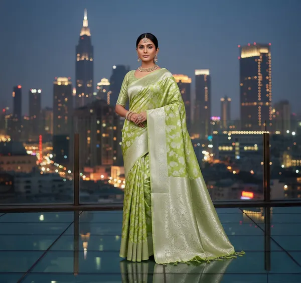 Elegant_Parrot_Green_Lichi_Silk_Saree_With_Rich_Silver_Zari_Woven_Motifs_And_Border