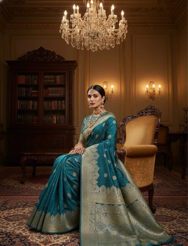 Opulent_Teal_Satin_Silk_Saree_With_Brocade_Design