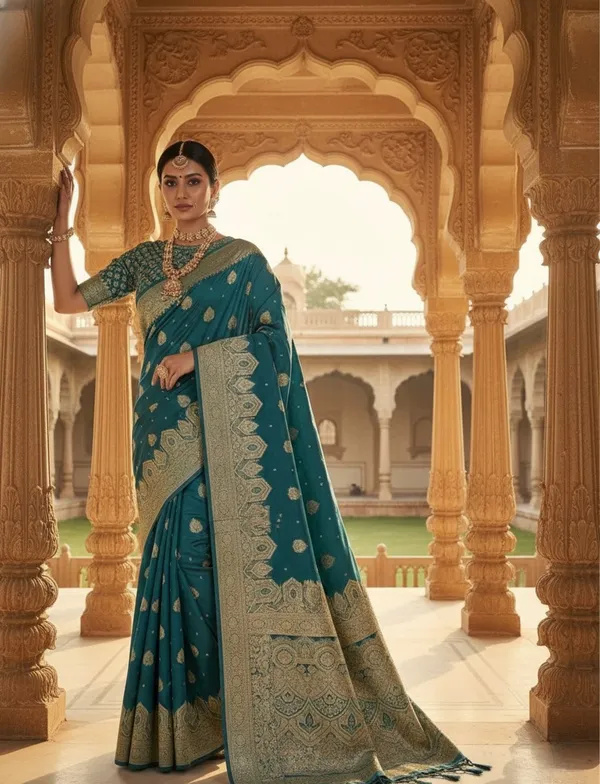 Opulent_Teal_Satin_Silk_Saree_With_Brocade_Design