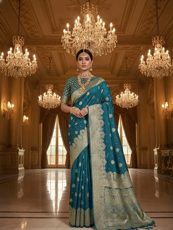 Opulent_Teal_Satin_Silk_Saree_With_Brocade_Design