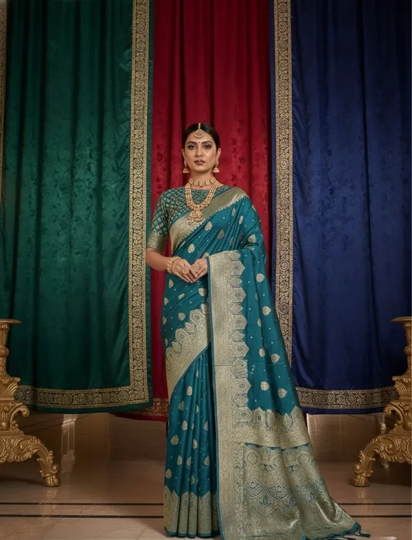 Opulent_Teal_Satin_Silk_Saree_With_Brocade_Design