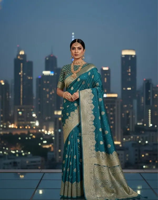 Opulent_Teal_Satin_Silk_Saree_With_Brocade_Design