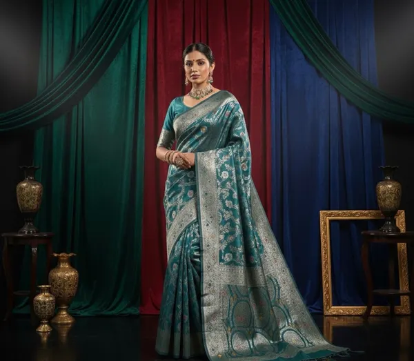 Opulent_Teal_Banarasi_Silk_Saree_With_Rich_Silver_Zari_Weaving