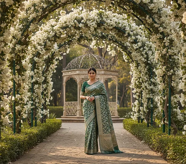 Luxurious_Deep_Green_Banarasi_Silk_Saree_With_Rich_Gold_Zari_Work
