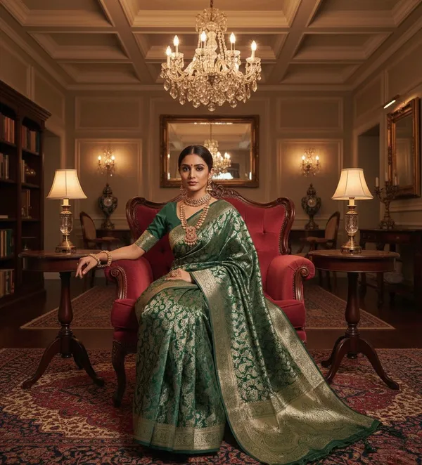 Luxurious_Deep_Green_Banarasi_Silk_Saree_With_Rich_Gold_Zari_Work