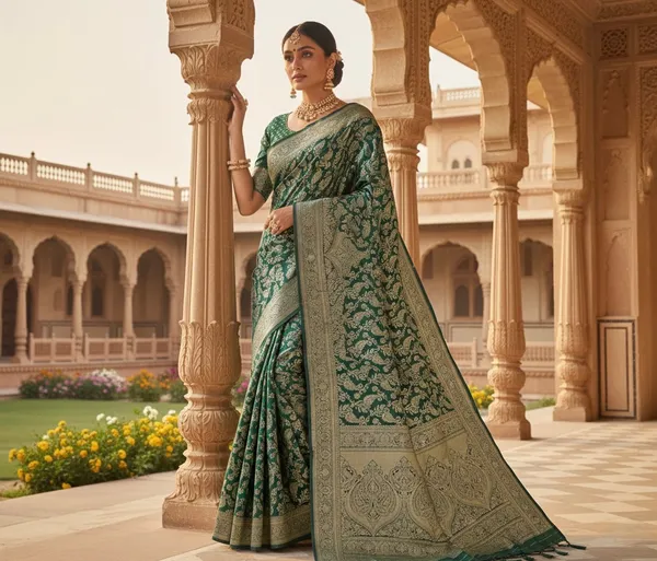 Luxurious_Deep_Green_Banarasi_Silk_Saree_With_Rich_Gold_Zari_Work
