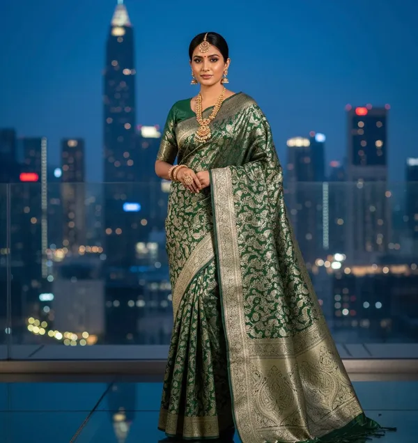Luxurious_Deep_Green_Banarasi_Silk_Saree_With_Rich_Gold_Zari_Work