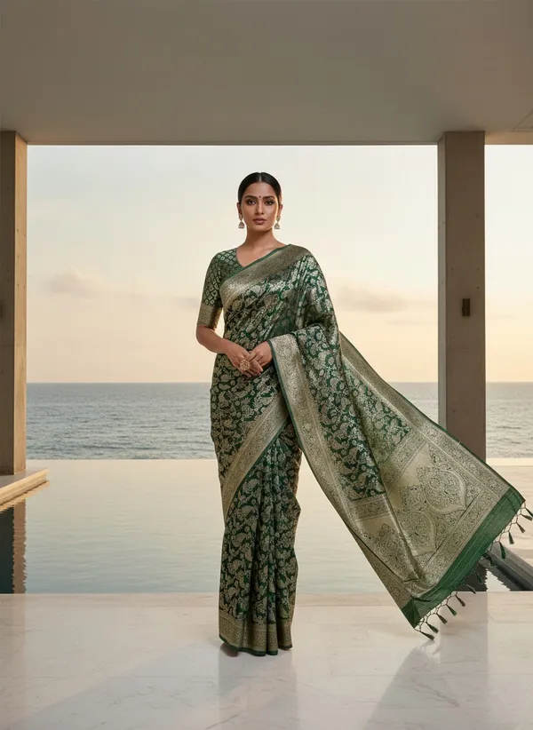 Luxurious_Deep_Green_Banarasi_Silk_Saree_With_Rich_Gold_Zari_Work