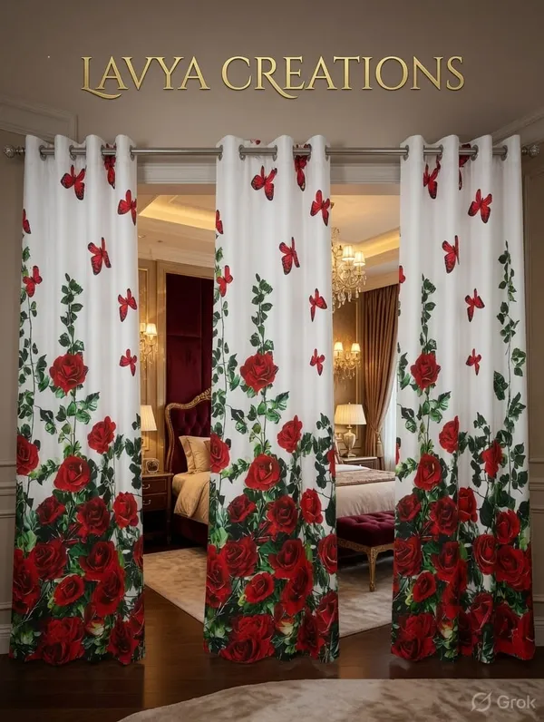 LAVYA_CREATIONS.PACK_OF_THREE_CURTAINS.RED_ROSE_BLACKOUT_CURTAINS.