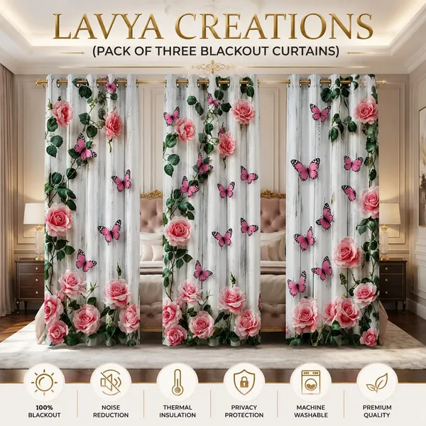 LAVYA_CREATIONS.PACK_OF_THREE_CURTAINS.PINK_ROSE.MULTICOLOUR