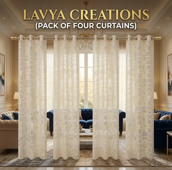 PREMIUM_NET_CURTAINS.PACK_OF_FOUR_CURTAINS.CREAM_CHECK_FLOWER.