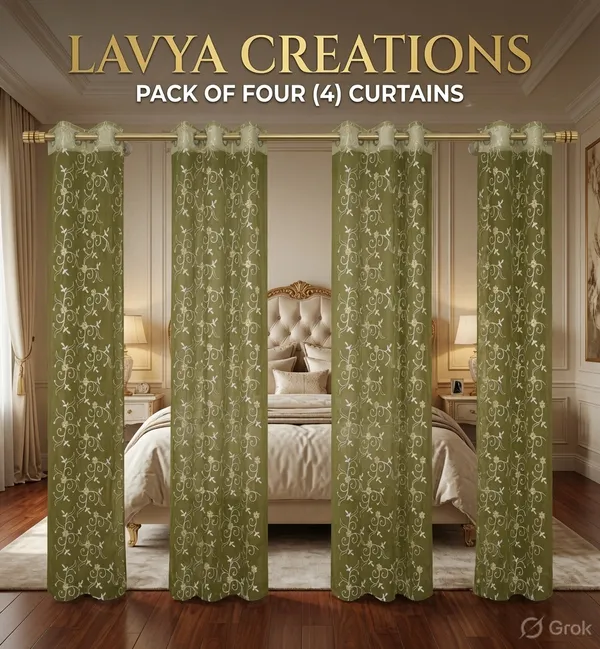 PRIMIUM_TISSUE_EMBROIDERY_CURTAINS.PACK_OF_FOUR(4)_CURTAINS.GREEN
