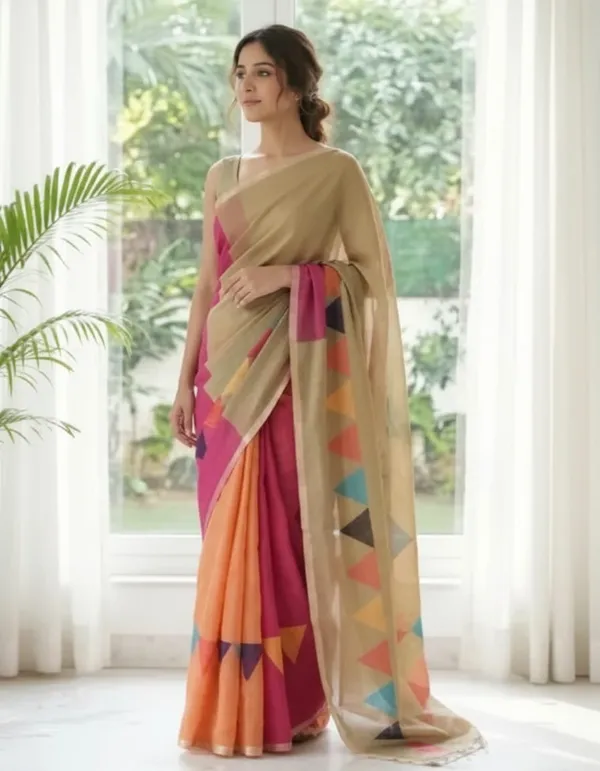 Tricolor_(_Mustered_Yellow,_Dark_Bric,_Mehandi_Green_)_Triangle_Design_Linen_Cotton_Saree
