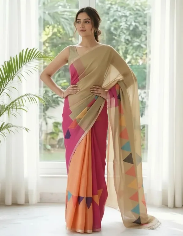 Tricolor_(_Mustered_Yellow,_Dark_Bric,_Mehandi_Green_)_Triangle_Design_Linen_Cotton_Saree