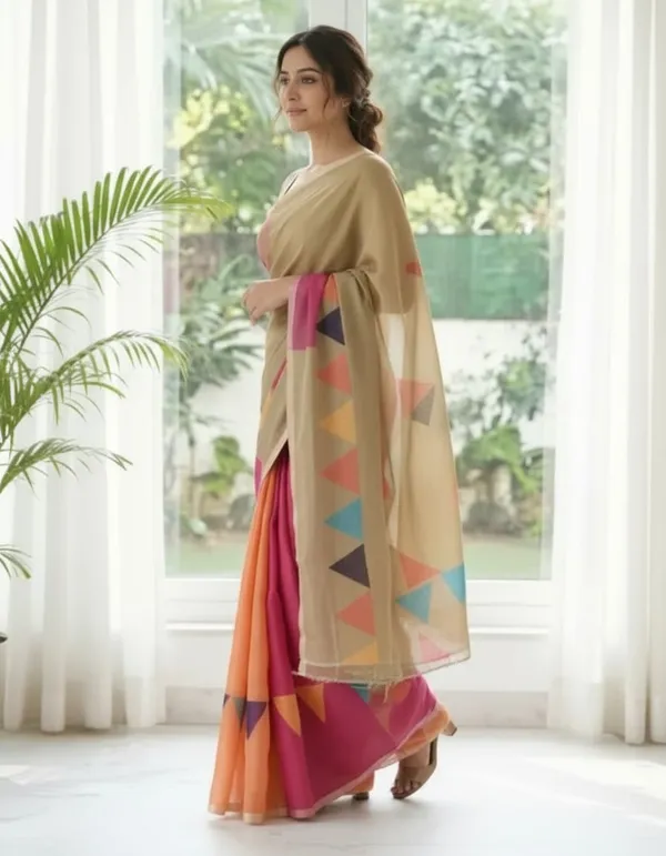 Tricolor_(_Mustered_Yellow,_Dark_Bric,_Mehandi_Green_)_Triangle_Design_Linen_Cotton_Saree