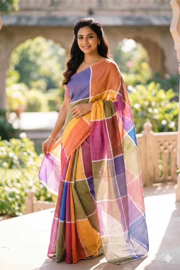 Multicolor_Big_Chex_Cotton_Printed_Light_Weight_Saree