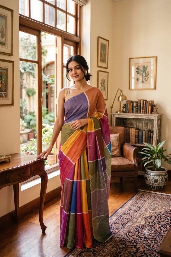 Multicolor_Big_Chex_Cotton_Printed_Light_Weight_Saree