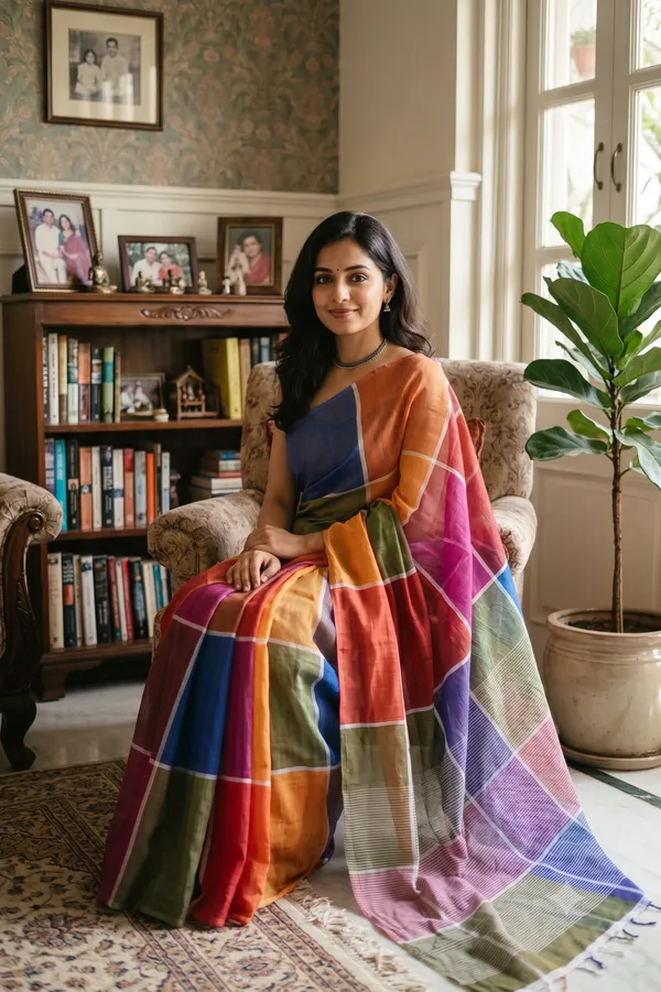 Multicolor_Big_Chex_Cotton_Printed_Light_Weight_Saree