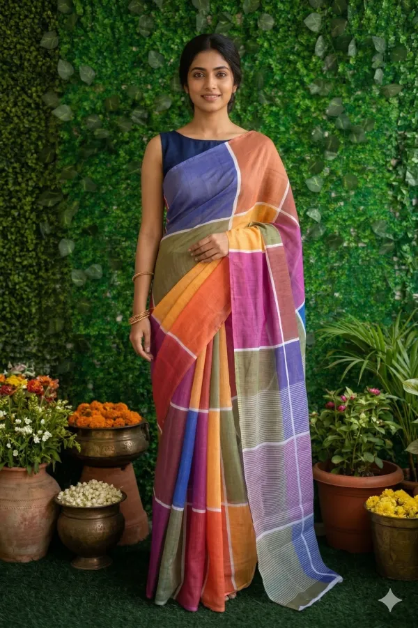 Multicolor_Big_Chex_Cotton_Printed_Light_Weight_Saree