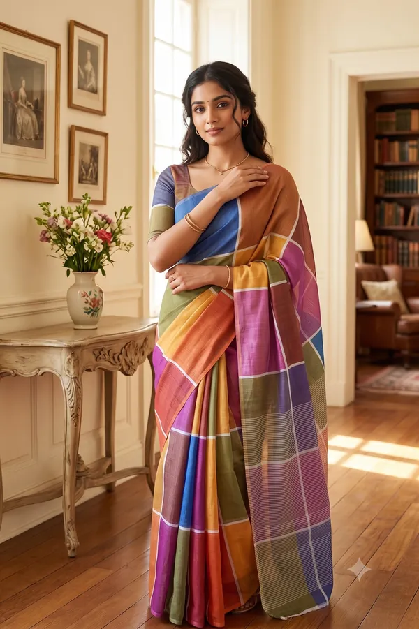 Multicolor_Big_Chex_Cotton_Printed_Light_Weight_Saree