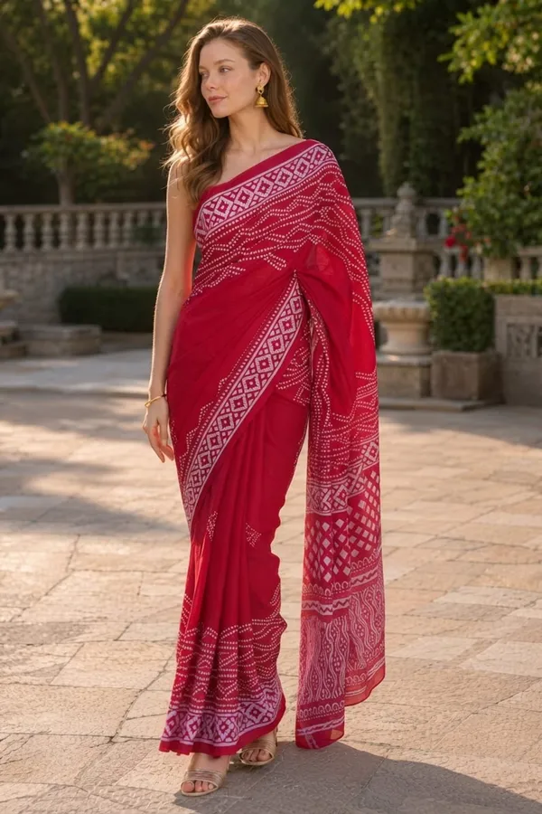 Red_color_Bandani_Design_Printed_Mulmul_Cotton_Saree