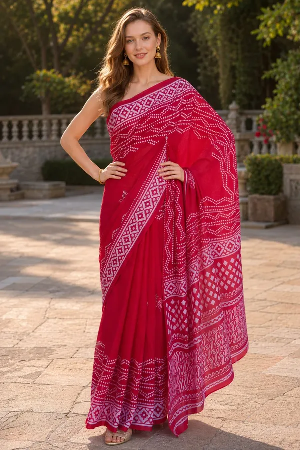 Red_color_Bandani_Design_Printed_Mulmul_Cotton_Saree