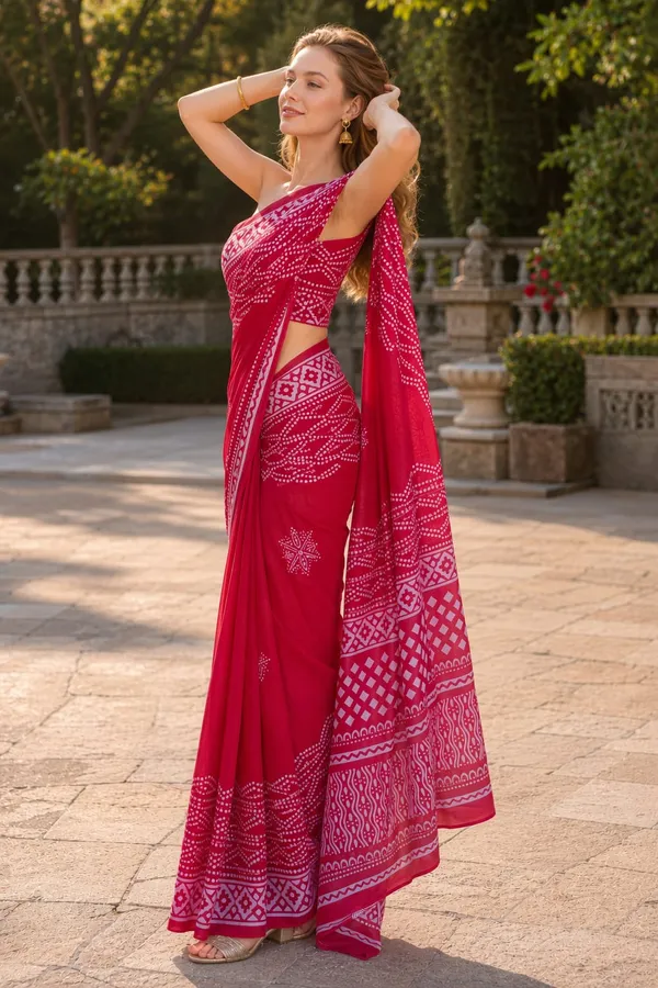 Red_color_Bandani_Design_Printed_Mulmul_Cotton_Saree
