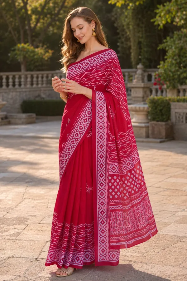 Red_color_Bandani_Design_Printed_Mulmul_Cotton_Saree