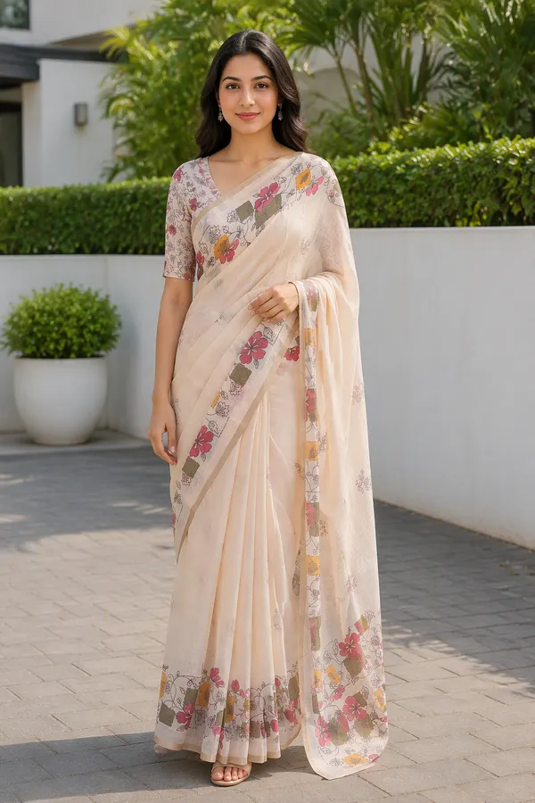 Half_White_Beautiful_Printed_Cotton_Casual_Light_Weight_Saree