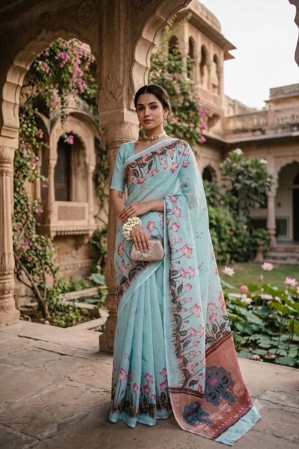 Lotus_Design_Baby_Blue_Colour_Cotton_Printed_Casual_Light_Weight_Saree_For_Women