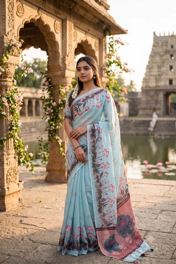 Lotus_Design_Baby_Blue_Colour_Cotton_Printed_Casual_Light_Weight_Saree_For_Women