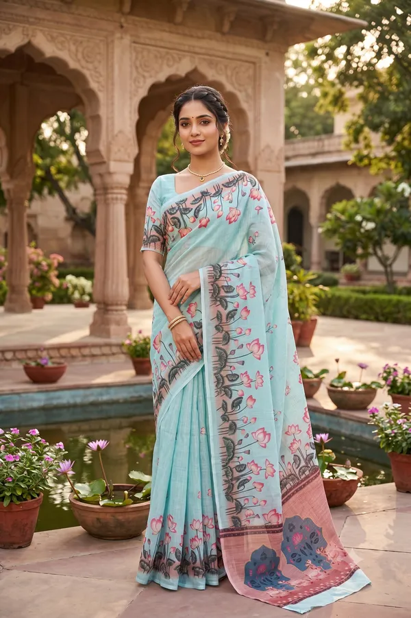 Lotus_Design_Baby_Blue_Colour_Cotton_Printed_Casual_Light_Weight_Saree_For_Women