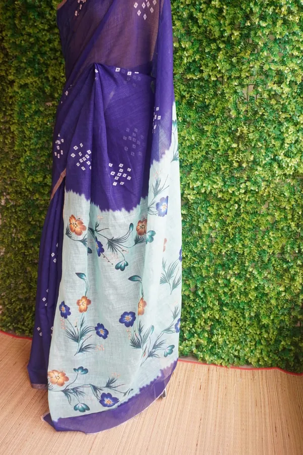 Bandhani__Print_Purple_color_Cotton_linen_Saree