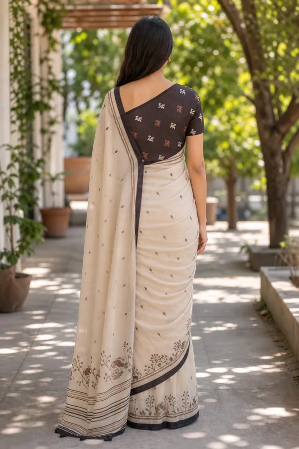 Beautiful_Duck_Print_Beige_color_Chanderi_cotton_Saree_