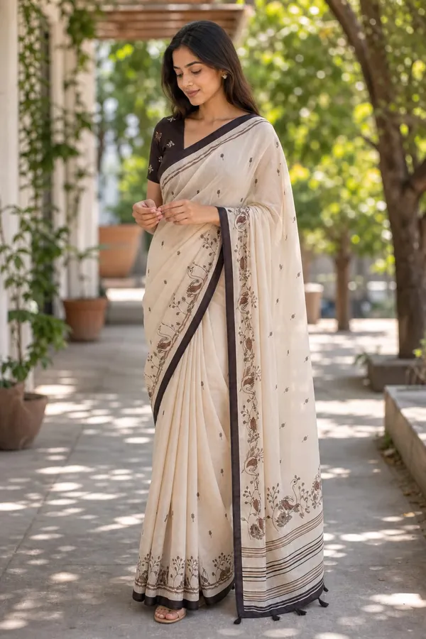 Beautiful_Duck_Print_Beige_color_Chanderi_cotton_Saree_