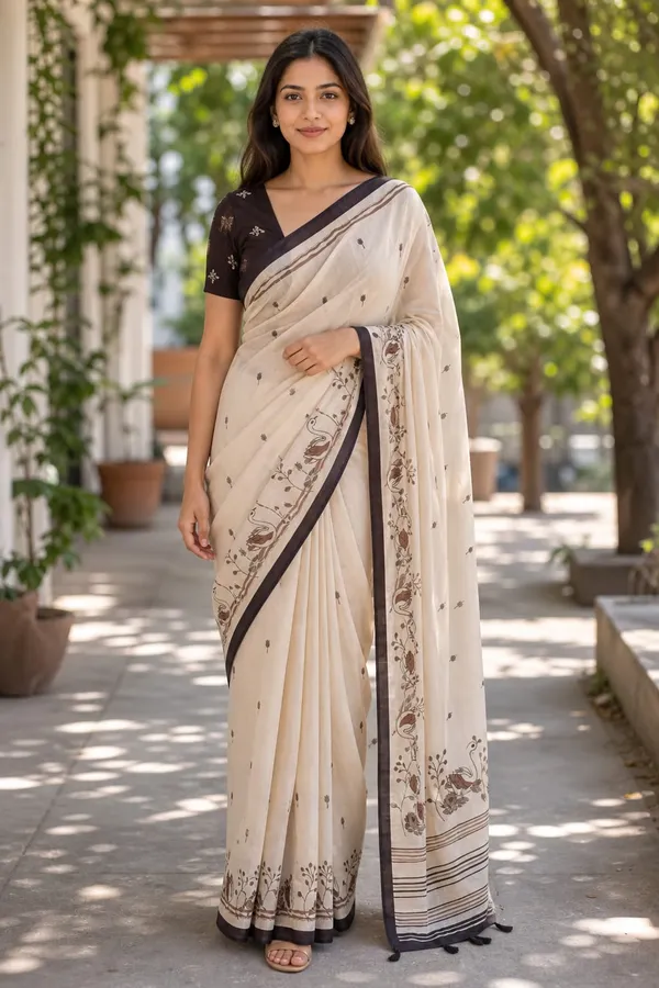 Beautiful_Duck_Print_Beige_color_Chanderi_cotton_Saree_