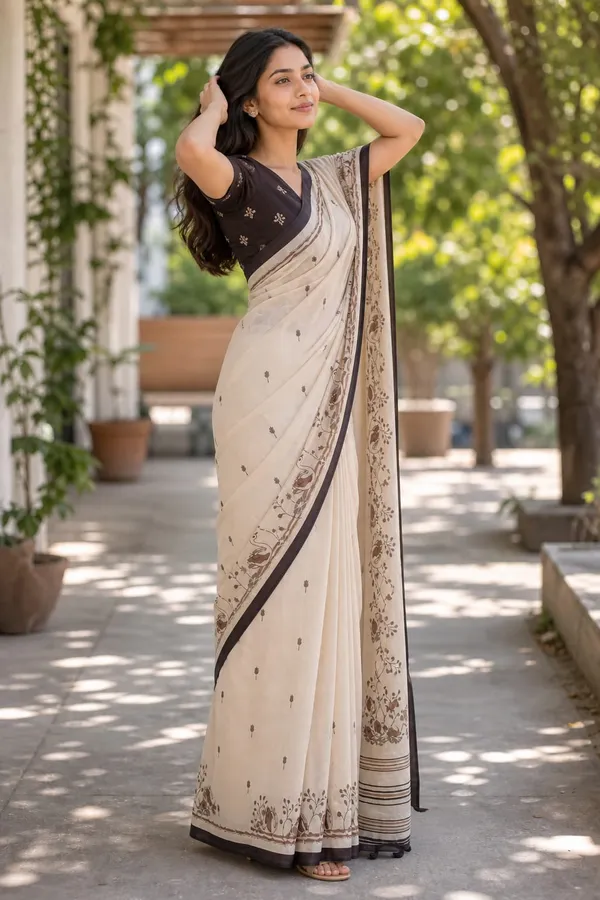 Beautiful_Duck_Print_Beige_color_Chanderi_cotton_Saree_