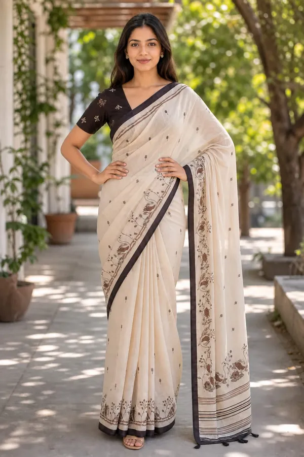 Beautiful_Duck_Print_Beige_color_Chanderi_cotton_Saree_