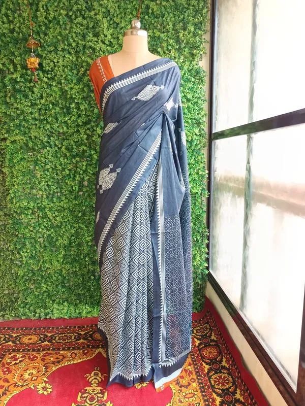 Blue_color_Pure_Cotton_Mul_Mul_Jaipur_Block_Print_Saree
