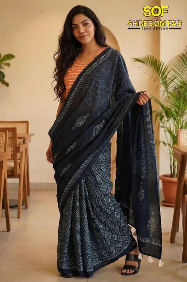 Blue_color_Pure_Cotton_Mul_Mul_Jaipur_Block_Print_Saree