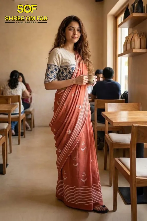 Brick_color_Pure_Cotton_Mul_Mul_Jaipur_Block_Print_Saree